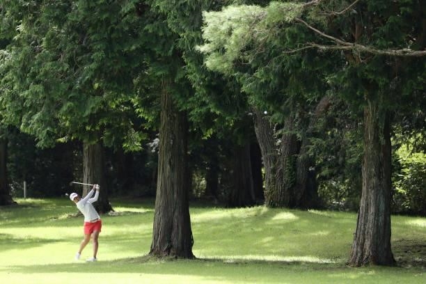 Maiko Wakabayashi of Japan hits her second shot on the 2nd hole during the first round of the CAT Ladies at Daihakone Country Club on August 20, 2021...