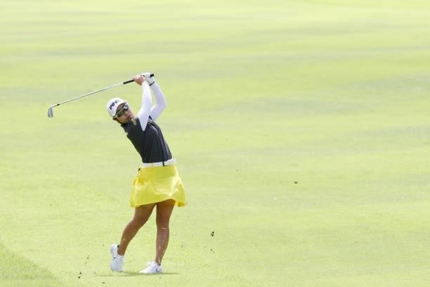 Mamiko Higa of Japan hits her second shot on the 2nd hole during the first round of the CAT Ladies at Daihakone Country Club on August 20, 2021 in...