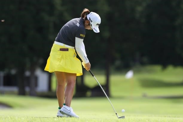 Mamiko Higa of Japan hits her tee shot on the 3rd hole during the first round of the CAT Ladies at Daihakone Country Club on August 20, 2021 in...