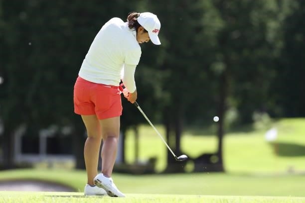 Maiko Wakabayashi of Japan hits her tee shot on the 3rd hole during the first round of the CAT Ladies at Daihakone Country Club on August 20, 2021 in...
