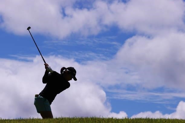 Saki Nagamine of Japan hits her tee shot on the 5th hole during the first round of the CAT Ladies at Daihakone Country Club on August 20, 2021 in...