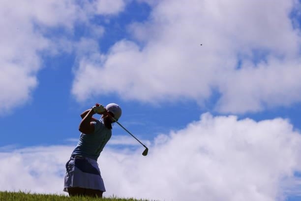 Ayaka Watanabe of Japan hits her tee shot on the 5th hole during the first round of the CAT Ladies at Daihakone Country Club on August 20, 2021 in...