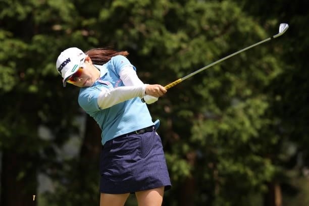 Minami Katsu of Japan hits her tee shot on the 5th hole during the first round of the CAT Ladies at Daihakone Country Club on August 20, 2021 in...