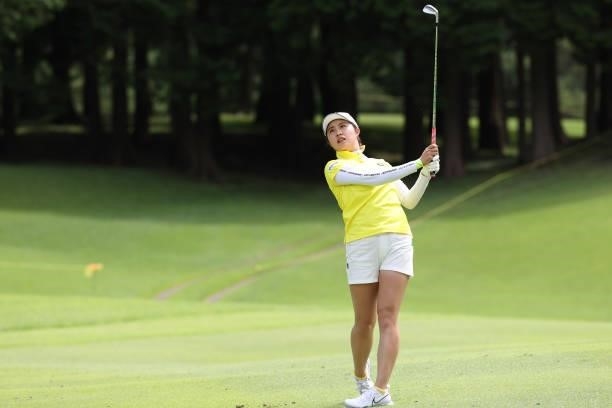 Momoko Osato of Japan hits her second shot on the 6th hole during the first round of the CAT Ladies at Daihakone Country Club on August 20, 2021 in...