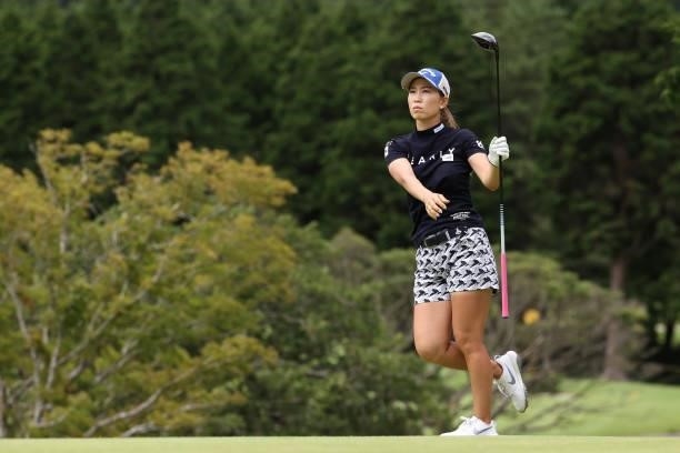 Momoko Ueda of Japan hits her tee shot on the 7th hole during the first round of the CAT Ladies at Daihakone Country Club on August 20, 2021 in...