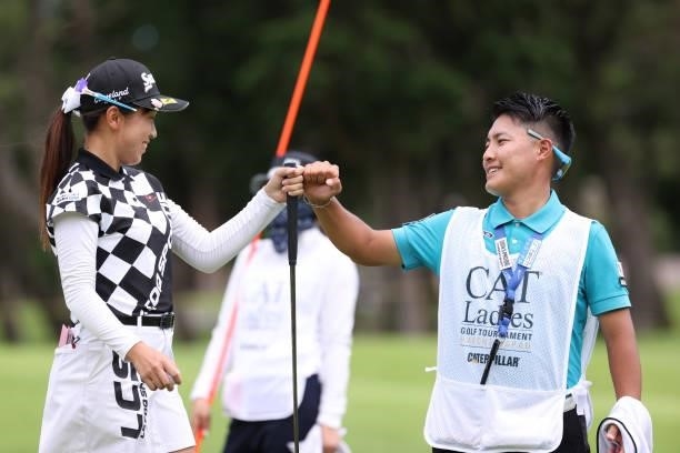 Nana Suganuma of Japan celebrates after making her birdie putt on the 6th hole during the first round of the CAT Ladies at Daihakone Country Club on...