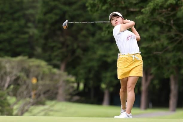 Mayu Hirota of Japan hits her tee shot on the 7th hole during the first round of the CAT Ladies at Daihakone Country Club on August 20, 2021 in...