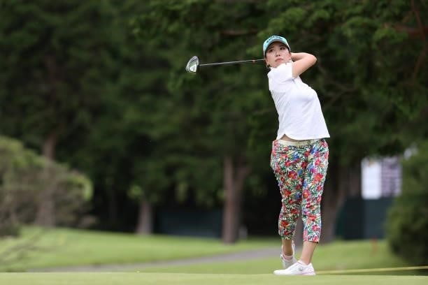 Megumi Taneda of Japan hits her tee shot on the 7th hole during the first round of the CAT Ladies at Daihakone Country Club on August 20, 2021 in...