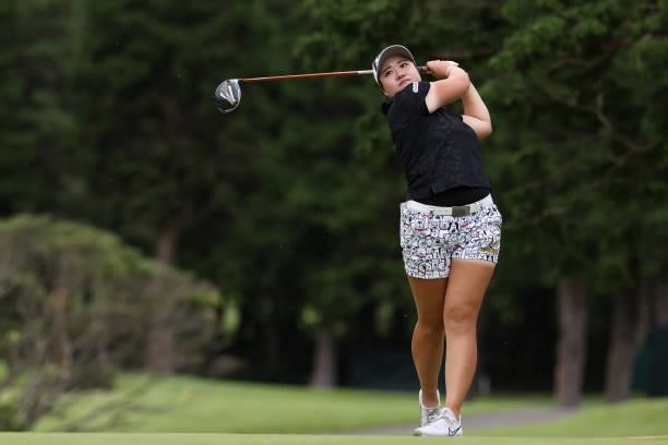 Anna Kono of Japan hits her tee shot on the 6th hole during the first round of the CAT Ladies at Daihakone Country Club on August 20, 2021 in Hakone,...