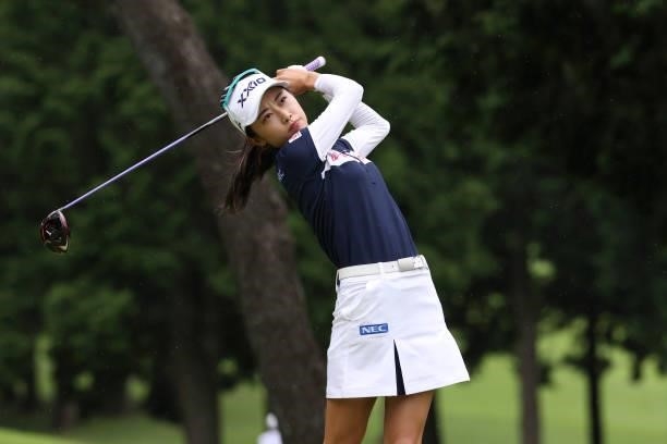 Yuka Yasuda of Japan hits her tee shot on the 6th hole during the first round of the CAT Ladies at Daihakone Country Club on August 20, 2021 in...