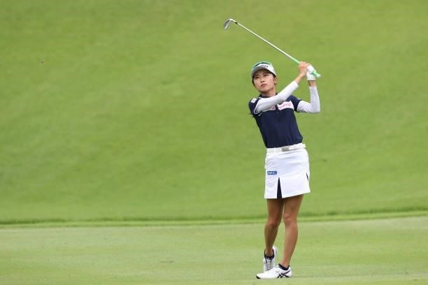 Yuka Yasuda of Japan hits her second shot on the 6th hole during the first round of the CAT Ladies at Daihakone Country Club on August 20, 2021 in...