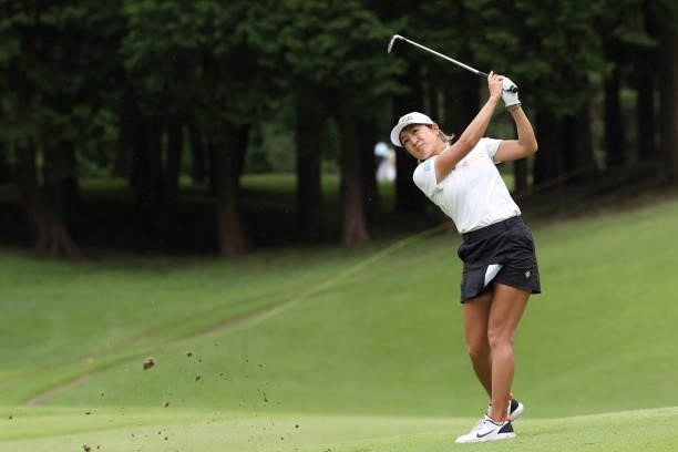 Asako Fujimoto of Japan hits her second shot on the 6th hole during the first round of the CAT Ladies at Daihakone Country Club on August 20, 2021 in...