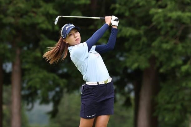 Naruha Miyata of Japan hits her tee shot on the 5th hole during the first round of the CAT Ladies at Daihakone Country Club on August 20, 2021 in...