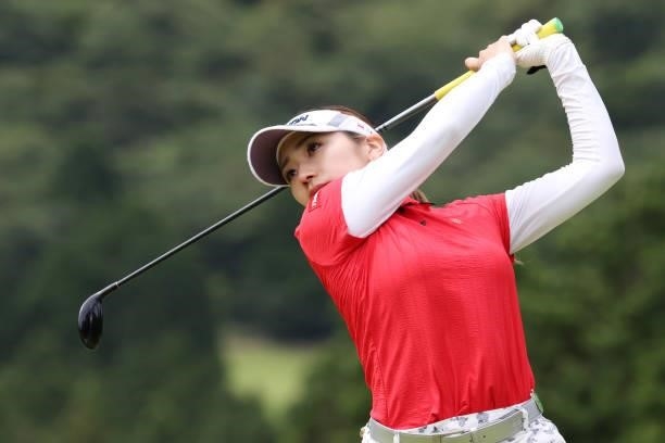 Ayano Yasuda of Japan hits her tee shot on the 4th hole during the first round of the CAT Ladies at Daihakone Country Club on August 20, 2021 in...
