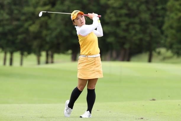 Chie Arimura of Japan hits her third shot on the 18th hole during the first round of the CAT Ladies at Daihakone Country Club on August 20, 2021 in...