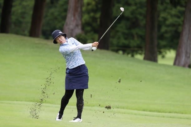 Shiho Oyama of Japan hits her third shot on the 18th hole during the first round of the CAT Ladies at Daihakone Country Club on August 20, 2021 in...