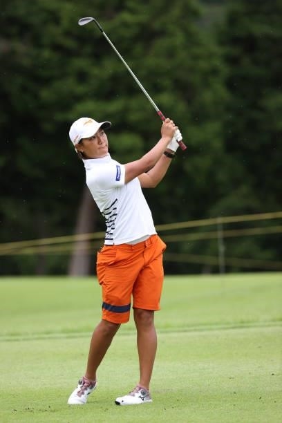 Mao Nozawa of Japan hits her second shot on the 9th hole during the first round of the CAT Ladies at Daihakone Country Club on August 20, 2021 in...