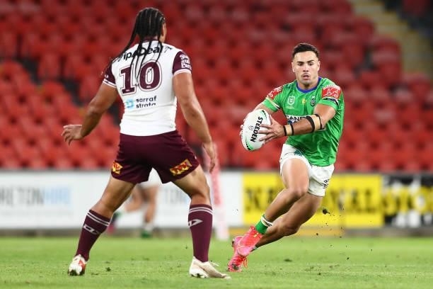 Harley Smith-Shields of the Raiders in action during the round 23 NRL match between the Canberra Raiders and the Manly Sea Eagles at Suncorp Stadium,...