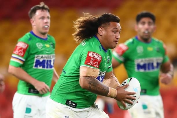 Josh Papalii of the Raiders in action during the round 23 NRL match between the Canberra Raiders and the Manly Sea Eagles at Suncorp Stadium, on...
