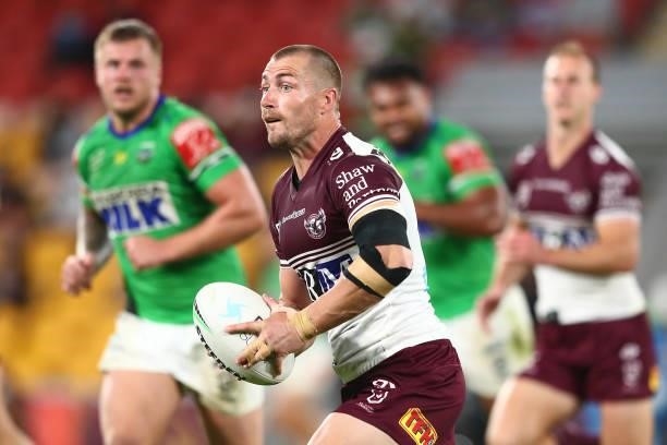 Kieran Foran of the Sea Eagles in action during the round 23 NRL match between the Canberra Raiders and the Manly Sea Eagles at Suncorp Stadium, on...