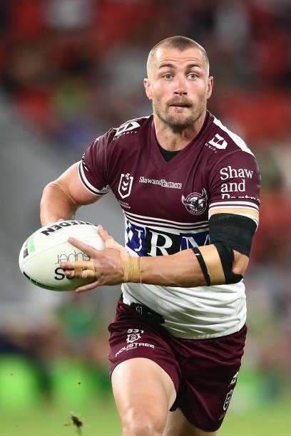 Kieran Foran of the Sea Eagles in action during the round 23 NRL match between the Canberra Raiders and the Manly Sea Eagles at Suncorp Stadium, on...