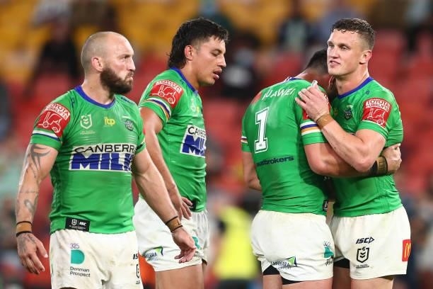 Jack Wighton of the Raiders comforts Jordan Rapana of the Raiders after defeat during the round 23 NRL match between the Canberra Raiders and the...