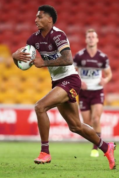 Jason Saab of the Sea Eagles in action during the round 23 NRL match between the Canberra Raiders and the Manly Sea Eagles at Suncorp Stadium, on...
