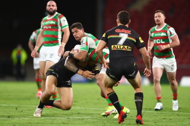 Dane Gagai of the Rabbitohs is tackled during the round 23 NRL match between the Penrith Panthers and the South Sydney Rabbitohs at Suncorp Stadium,...