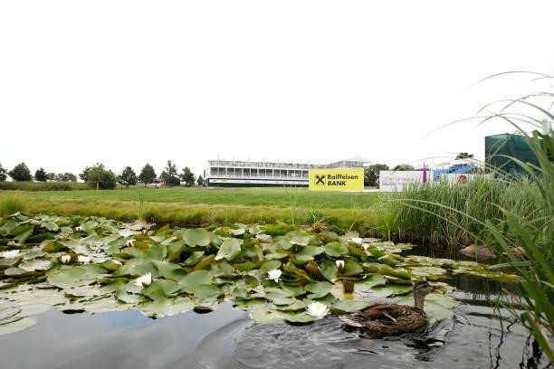 General view of the 18th hole as a duck is seen swimming in the lake during Day Two of The D+D Real Czech Masters at Albatross Golf Resort on August...