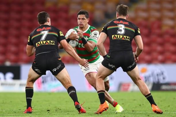 Dane Gagai of the Rabbitohs runs at the Panthers defence during the round 23 NRL match between the Penrith Panthers and the South Sydney Rabbitohs at...