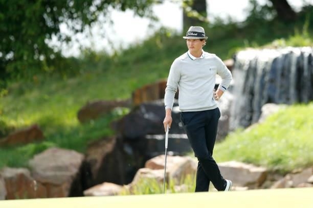 Tapio Pulkkanen of Finland looks on from the 16th hole during Day Two of The D+D Real Czech Masters at Albatross Golf Resort on August 20, 2021 in...