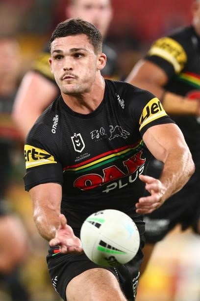 Nathan Cleary of the Panthers passes during the round 23 NRL match between the Penrith Panthers and the South Sydney Rabbitohs at Suncorp Stadium, on...