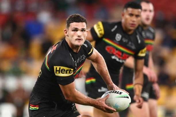 Nathan Cleary of the Panthers passes during the round 23 NRL match between the Penrith Panthers and the South Sydney Rabbitohs at Suncorp Stadium, on...