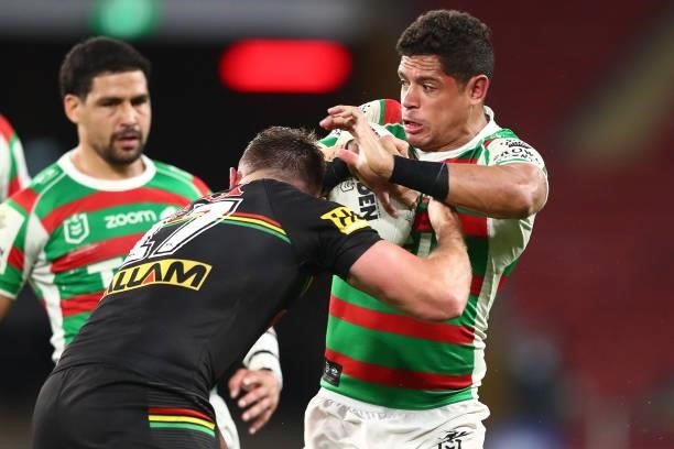 Dane Gagai of the Rabbitohs is tackled during the round 23 NRL match between the Penrith Panthers and the South Sydney Rabbitohs at Suncorp Stadium,...