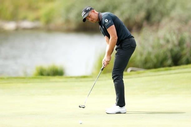 Henrik Stenson of Sweden plays a putt shot on the ninth hole during Day Two of The D+D Real Czech Masters at Albatross Golf Resort on August 20, 2021...