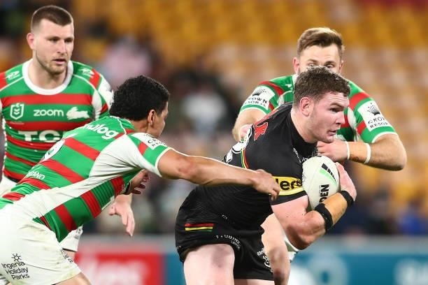 Liam Martin of the Panthers makes a break during the round 23 NRL match between the Penrith Panthers and the South Sydney Rabbitohs at Suncorp...