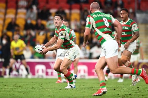 Cameron Murray of the Rabbitohs looks to pass during the round 23 NRL match between the Penrith Panthers and the South Sydney Rabbitohs at Suncorp...
