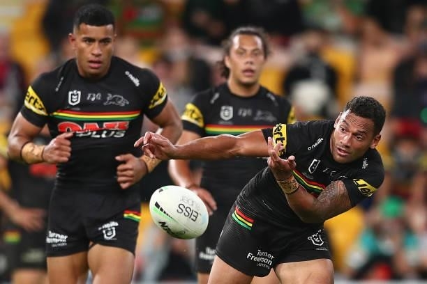 Apisai Koroisau of the Panthers passes during the round 23 NRL match between the Penrith Panthers and the South Sydney Rabbitohs at Suncorp Stadium,...