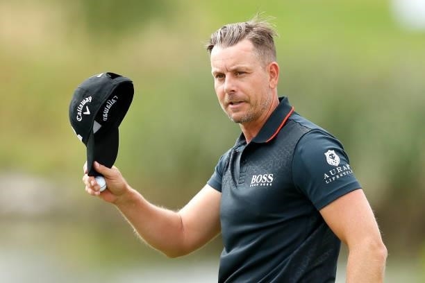 Henrik Stenson of Sweden acknowledges the fans following his round during Day Two of The D+D Real Czech Masters at Albatross Golf Resort on August...