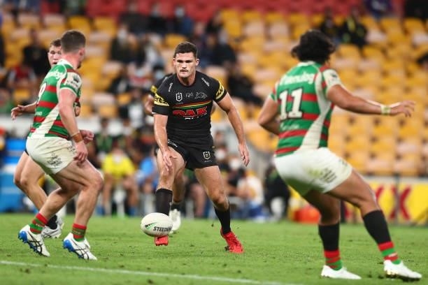 Nathan Cleary of the Panthers kicks through during the round 23 NRL match between the Penrith Panthers and the South Sydney Rabbitohs at Suncorp...
