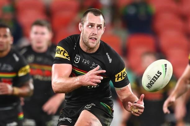 Isaah Yeo of the Panthers passes during the round 23 NRL match between the Penrith Panthers and the South Sydney Rabbitohs at Suncorp Stadium, on...