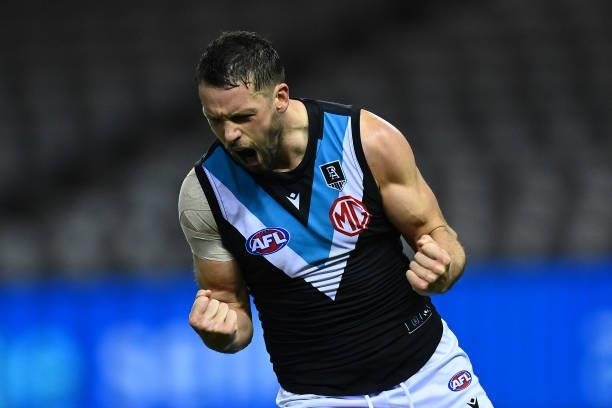 Travis Boak of the Power celebrates kicking a goal during the round 23 AFL match between Western Bulldogs and Port Adelaide Power at Marvel Stadium...