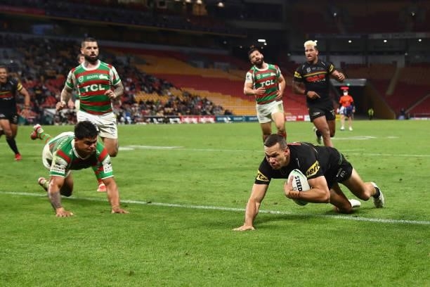 Brent Naden of the Panthers scores a try during the round 23 NRL match between the Penrith Panthers and the South Sydney Rabbitohs at Suncorp...