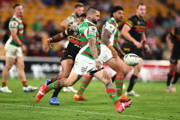 Adam Reynolds of the Rabbitohs kicks during the round 23 NRL match between the Penrith Panthers and the South Sydney Rabbitohs at Suncorp Stadium, on...