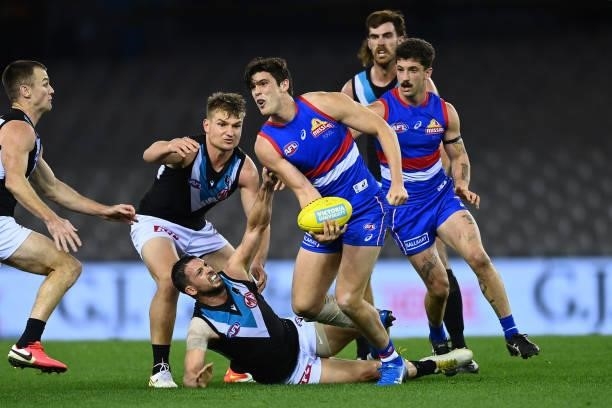 Lewis Young of the Bulldogs in action during the round 23 AFL match between Western Bulldogs and Port Adelaide Power at Marvel Stadium on August 20,...