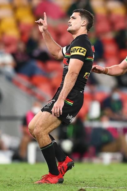 Nathan Cleary of the Panthers celebrates a field goal during the round 23 NRL match between the Penrith Panthers and the South Sydney Rabbitohs at...