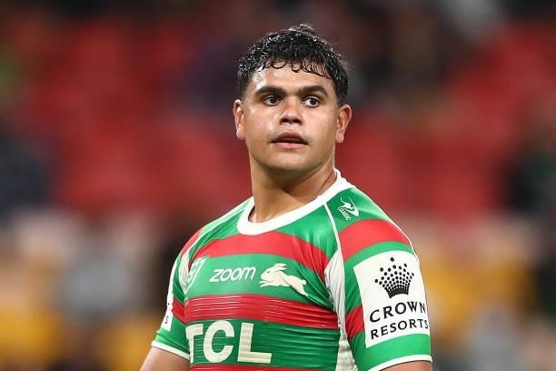 Latrell Mitchell of the Rabbitohs looks on during the round 23 NRL match between the Penrith Panthers and the South Sydney Rabbitohs at Suncorp...