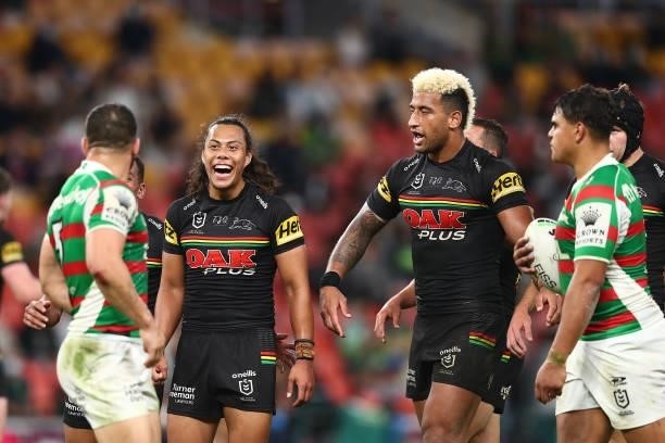 Jerome Luai of the Panthers reacts during the round 23 NRL match between the Penrith Panthers and the South Sydney Rabbitohs at Suncorp Stadium, on...