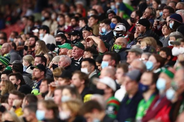 The crowd watches the round 23 NRL match between the Penrith Panthers and the South Sydney Rabbitohs at Suncorp Stadium, on August 20 in Brisbane,...