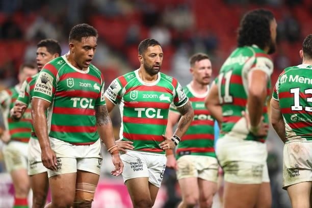 Rabbitohs players look dejected after defeat during the round 23 NRL match between the Penrith Panthers and the South Sydney Rabbitohs at Suncorp...